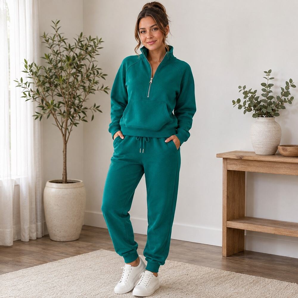 ANRABESS Women’s Medium Teal Green 2 Piece Fleece Quarter Zip Jogger Sweatsuit